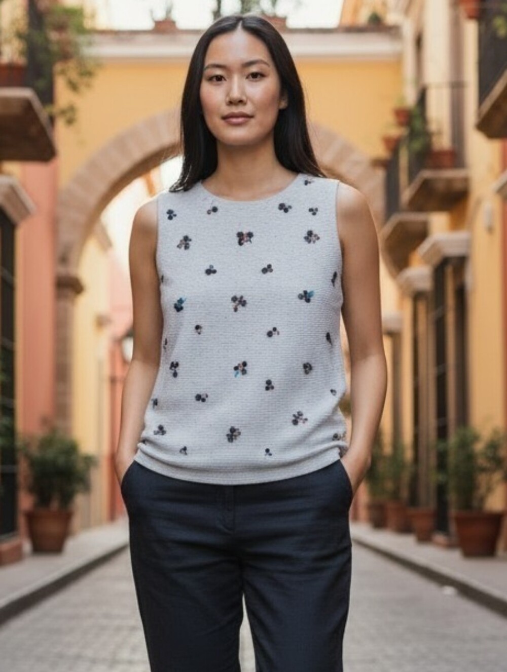 Banana Republic White Speckled Embroidered Tank Top